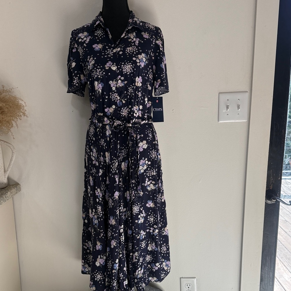 Chaps Navy Floral Midi Shirt Dress with Self-Tie Belt size medium